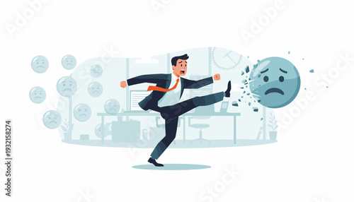 Businessman in suit kicking a large sad face bubble in an office setting, representing overcoming stress, anxiety, and negative emotions for mental health, resilience, and workplace success.
