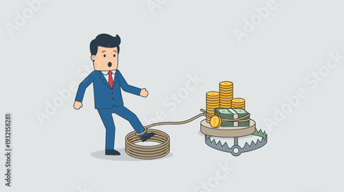 Businessman Stepping into a Rope Snare Trap Connected to a Bear Trap with Money Bait, Representing Financial Risk, Investment Scams, Greed, Debt, and the Dangers of Quick Wealth in Business.