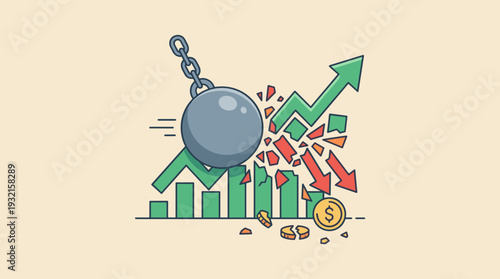 Economic Crisis and Financial Market Crash Concept with a Wrecking Ball Destroying a Growth Chart and Profit Arrows Representing Recession, Inflation, and Global Wealth Destruction in Business.
