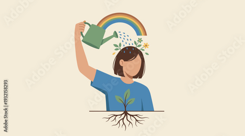 Personal Growth Concept Illustration of a Woman Watering Her Own Head with a Watering Can to Nurture Self-Improvement, Mental Health Wellness, and Self-Care with Rainbow and Flowers Growing Mind.