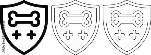 Shield icons with bone and cross symbols in black and white line art styles
