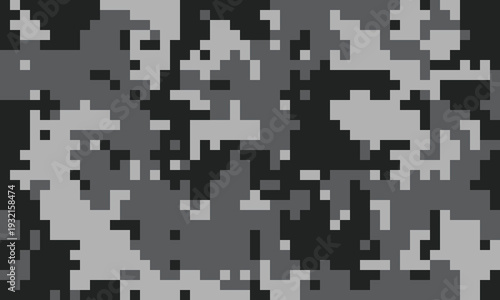 Abstract grayscale pixelated camouflage pattern. Ideal for backgrounds, textures, or militarytactical designs.  Modern, digital aesthetic.  Conveys themes of concealment, strategy, and technology.