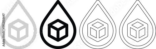 Four different styled teardrop shaped icons with cube inside  various design elements