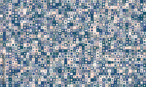 Abstract geometric pattern featuring a multitude of small squares in varying shades of blue, beige, and white.