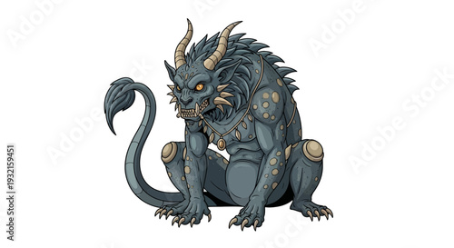 Fantasy creature with horns and sharp claws sitting on a white background.