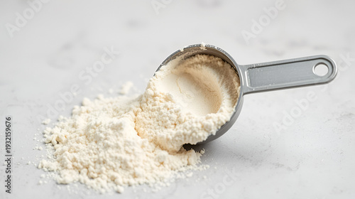 protein powder spills in cup from measure scoop.  whey sports nutrition. dry mixture