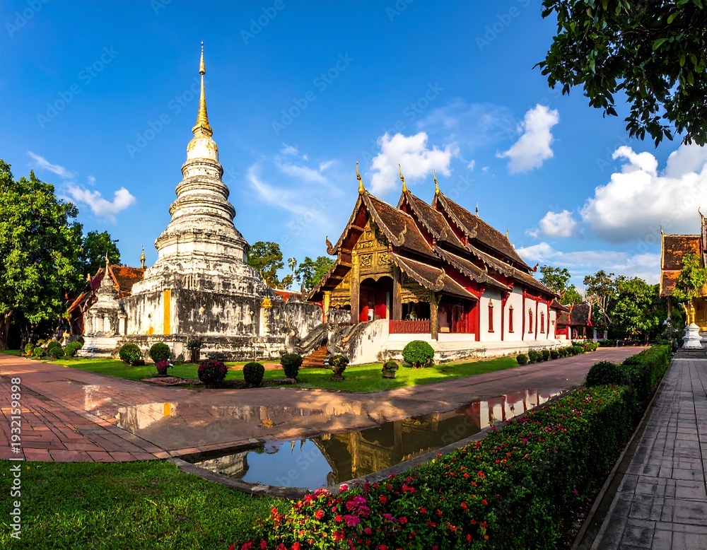 Obraz premium Panoramic view of a traditional temple complex with a tall white stupa and red-roofed building