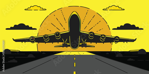 Stylized illustration of a commercial airplane accelerating down a runway towards the sunset