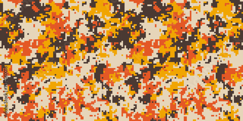 Abstract autumnal camouflage pattern.  Warm, pixelated design in oranges, browns, and beige. Perfect for fall fashion, textile prints, or digital backgrounds. Evokes a sense of nature and concealment.