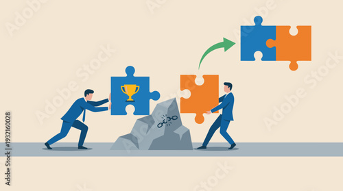 Businessmen Overcoming Obstacles to Achieve Success, Connecting Jigsaw Puzzle Pieces with Trophy Icon over Rocky Barrier, Concept of Teamwork, Strategic Problem Solving, and Reaching Business Goals