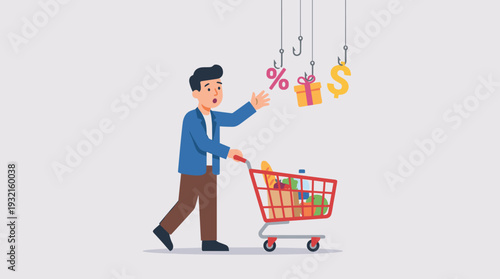 Man with shopping cart tempted by marketing bait like discount percent signs, gift boxes, and dollar symbols hanging from fishing hooks, illustrating consumer traps and online sales tactics.