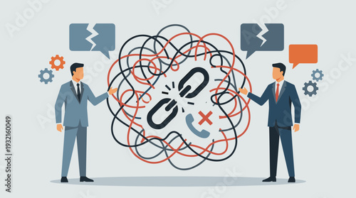Business Communication Breakdown Concept with Two Men in Suits Facing a Tangled Mess of Lines and a Broken Chain Symbolizing Disconnect, Conflict, Misunderstanding, Professional Relationship Issues