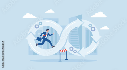 Businessman Running in Infinity Loop with Gears and Hurdles, Concept of Business Challenge, Repetitive Work Routine, Continuous Process Improvement, Overcoming Obstacles in Corporate Career