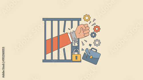Breaking Free Concept Vector Illustration of a Hand in a Suit Smashing Through Prison Bars and Handcuffs Symbolizing Business Freedom, Career Liberation, and Overcoming Corporate Oppression