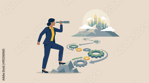 Businesswoman with telescope looking at city on mountain peak, representing strategic vision, future opportunities, career growth, leadership planning, and overcoming obstacles to reach success.