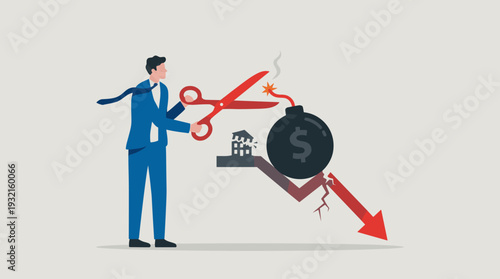 Businessman Cutting Burning Bomb Fuse to Stop Financial Crisis and Economic Collapse, Concept of Risk Management, Debt Relief, and Market Recovery with Downward Arrow and Dollar Sign Symbol