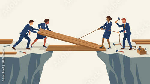 Business team building a wooden bridge over a cliff gap. Concept of teamwork, collaboration, and mutual assistance in business. Professionals working together to overcome challenges and obstacles.