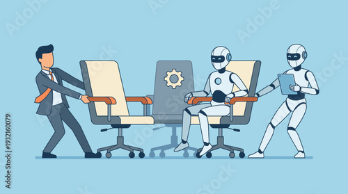 Businessman and Robots Competing for Office Chairs in a Workplace Setting, Illustrating Artificial Intelligence and Automation Replacing Human Labor in the Future of Work Concept Illustration