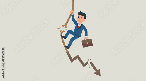 Stressed Businessman Holding Briefcase Climbing a Breaking Rope Turning into a Downward Arrow Symbolizing Financial Instability, Economic Downturn, Market Failure, and Business Risk Concept.
