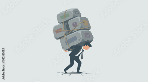 Businessman carrying a heavy stack of huge stones on his back representing debt, tax, and loan burdens. Concept of financial stress, work pressure, and economic struggle in a flat vector style.