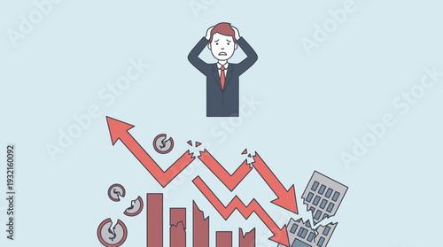 Stressed Businessman in Panic with Falling Stock Market Charts, Broken Arrows, and Crumbling Building, Illustrating Financial Failure, Bankruptcy, Economic Crisis, and Risk in Flat Vector.