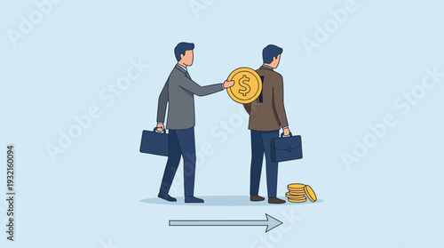Businessman inserting a gold dollar coin into the back of another professional, business concept of salary payment, employee motivation, human resources, payroll, and corporate investment mechanism.