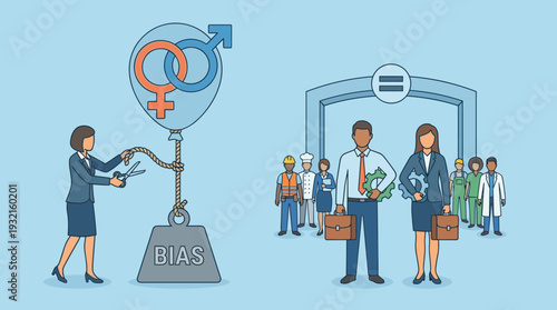 Gender Equality and Diversity Concept Illustration with Woman Cutting Rope to Free Gender Symbols from Bias Weight, Showing Professional Men and Women Working Together with Equal Rights
