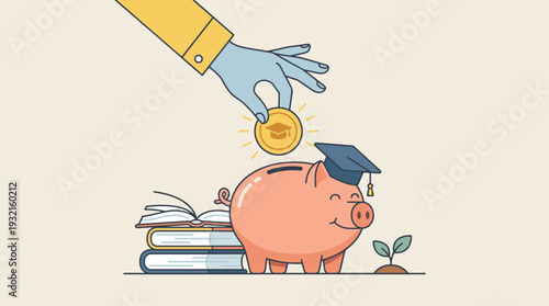 Hand Putting Gold Coin with Graduation Cap into Piggy Bank for Education Savings and Investment Concept. Simple Flat Vector Illustration for College Fund, Student Loans, and Academic Future.