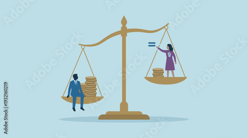 Gender Inequality and Pay Gap Concept with Man and Woman on Scales of Justice Representing Social Injustice, Financial Disparity, Feminism, and the Struggle for Equal Rights in the Workplace.