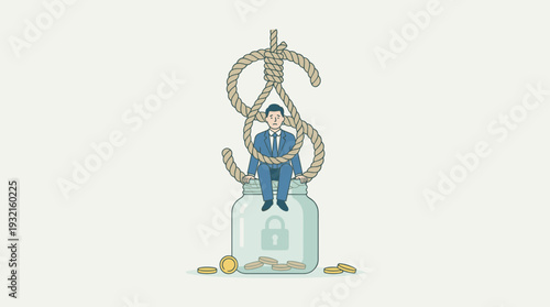 Businessman Trapped in a Dollar Sign Rope Noose Sitting on a Locked Savings Jar, Metaphor for Financial Debt, Economic Crisis, Bankruptcy Risk, Money Trap, and Corporate Stress Vector Illustration.