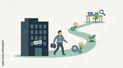 Businessman Walking Away from Closed Office Building on a Winding Path Towards a New Desk, Representing Career Change, Personal Growth, Success, and Starting a New Professional Journey Concept