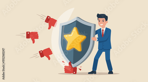 Professional businessman protecting brand reputation with a shield against negative feedback and thumbs down icons. Concept of online trust management, customer service, and crisis control.