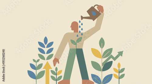 Conceptual vector illustration of a person watering themselves with a watering can, symbolizing personal growth, self-improvement, mental health, professional development, and success mindset.