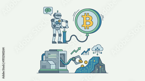 AI Robot Inflating Bitcoin Balloon with a Pump and Automated Machine Mining Digital Coins from a Circuit Mountain, Concept of Artificial Intelligence in Cryptocurrency Growth and Fintech.
