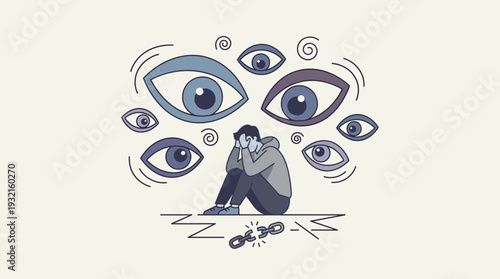 Depressed Man Sitting and Hiding from Giant Staring Eyes, Concept of Social Anxiety, Paranoia, Surveillance, and Mental Health Struggles, Vector Illustration of Fear, Phobia, and Feeling Judged