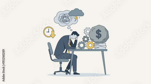 Stressed businessman sitting at desk overwhelmed by heavy financial burden, tight deadlines, and complex work problems during economic crisis, mental health burnout and anxiety vector concept.