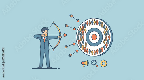 Businessman Aiming Bow and Heart Arrow at Target with People Icons, Concept of Customer Attraction, Targeted Marketing Campaign, Precision Advertising, Lead Generation and Business Strategy