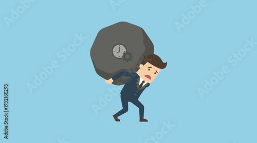 Stressed Businessman Carrying a Heavy Rock Burden with Clock and Gear Icons Representing Work Pressure, Deadlines, and Time Management Struggles in a Professional Corporate Environment Illustration
