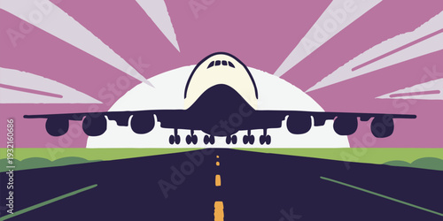 Flat design illustration of an airplane taking off from a runway during a vibrant purple sunset
