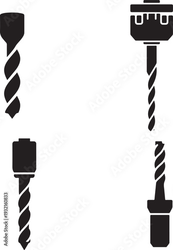 Industrial drill bit silhouettes and auger tool icons for construction and carpentry