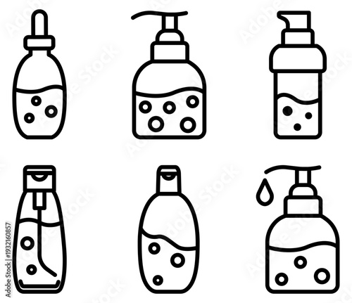 Minimalist vector line icons of diverse cosmetic containers like pump dispensers and droppers. Ideal for skincare web design, beauty blog graphics, or professional spa branding projects.