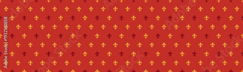 Elegant repeating pattern of stylized fleurdelis in warm, autumnal tones on a deep red background.  Perfect for textile design, wallpaper, website backgrounds, or festive branding.