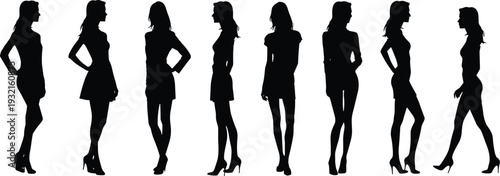Women silhouettes, standing poses, walking, fashion, dresses, high heels, posture, side profile, elegance, style, modeling, beauty, female icons