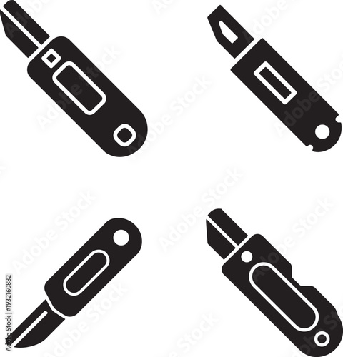Utility knife and box cutter silhouette icons for office, warehouse, and craft use