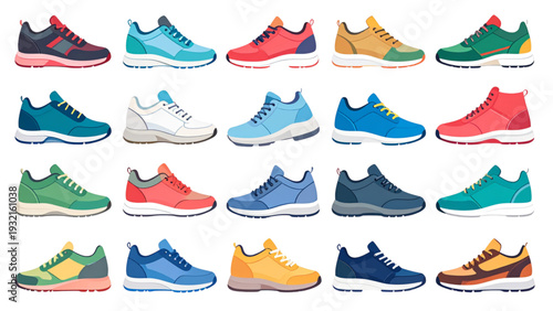 Trendy Fashion Sneakers Collection – Modern Colorful Sports Shoes Set for Men and Women Flat Vector Illustration