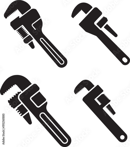 Pipe Wrench Silhouette Icon Set for Plumbing and Industrial Maintenance