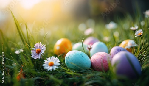 Colorful Easter eggs nestled in green grass, surrounded by delicate daisies, capturing the essence of spring festivities and joy.