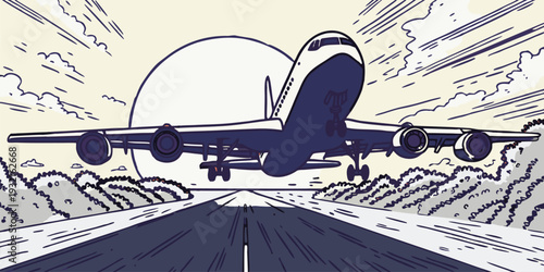 Cartoon illustration of a commercial airplane taking off from a runway with dynamic motion speed lines