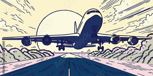 Stylized illustration of a commercial airplane ascending during takeoff from a runway into the sky