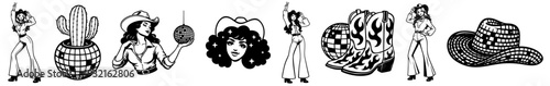 Disco Cowgirl party, western glam 70s aesthetic with cowboy boots, hat, disco ball, cactus and retro cowgirl girls, rodeo night western party vibe collection